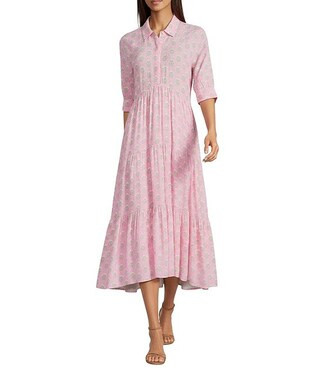 Floral Print Woven Button Front Point Collar 3/4 Sleeve Tiered Midi Shirt Dress | Dillard's