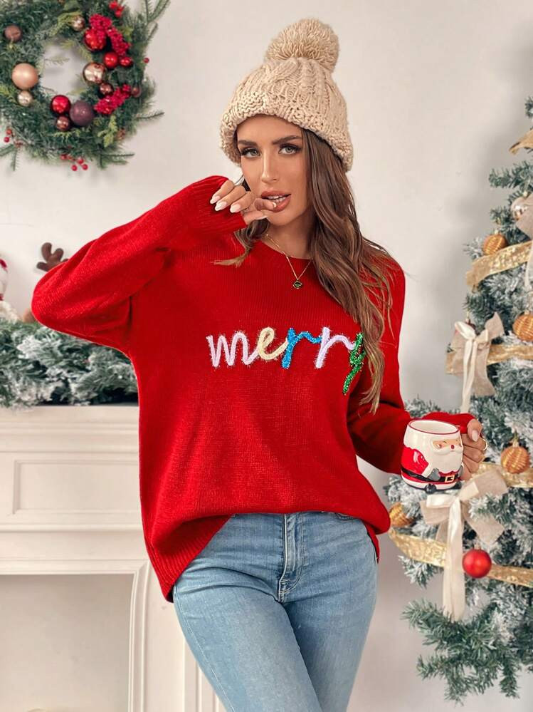 EMERY ROSE Christmas Letter Appliques Crew Neck Long Sleeve Sweater For New Year Clothes Knit Pullover Fall Winter Outfit | SHEIN