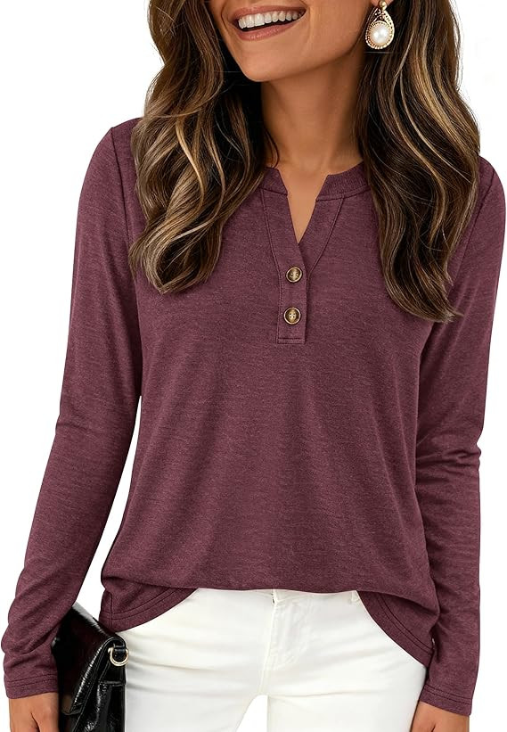 PRETTYGARDEN Long Sleeve Shirts for Women 2025 Fall Fashion Clothing Henley Tops Trendy Dressy Ca... | Amazon (US)