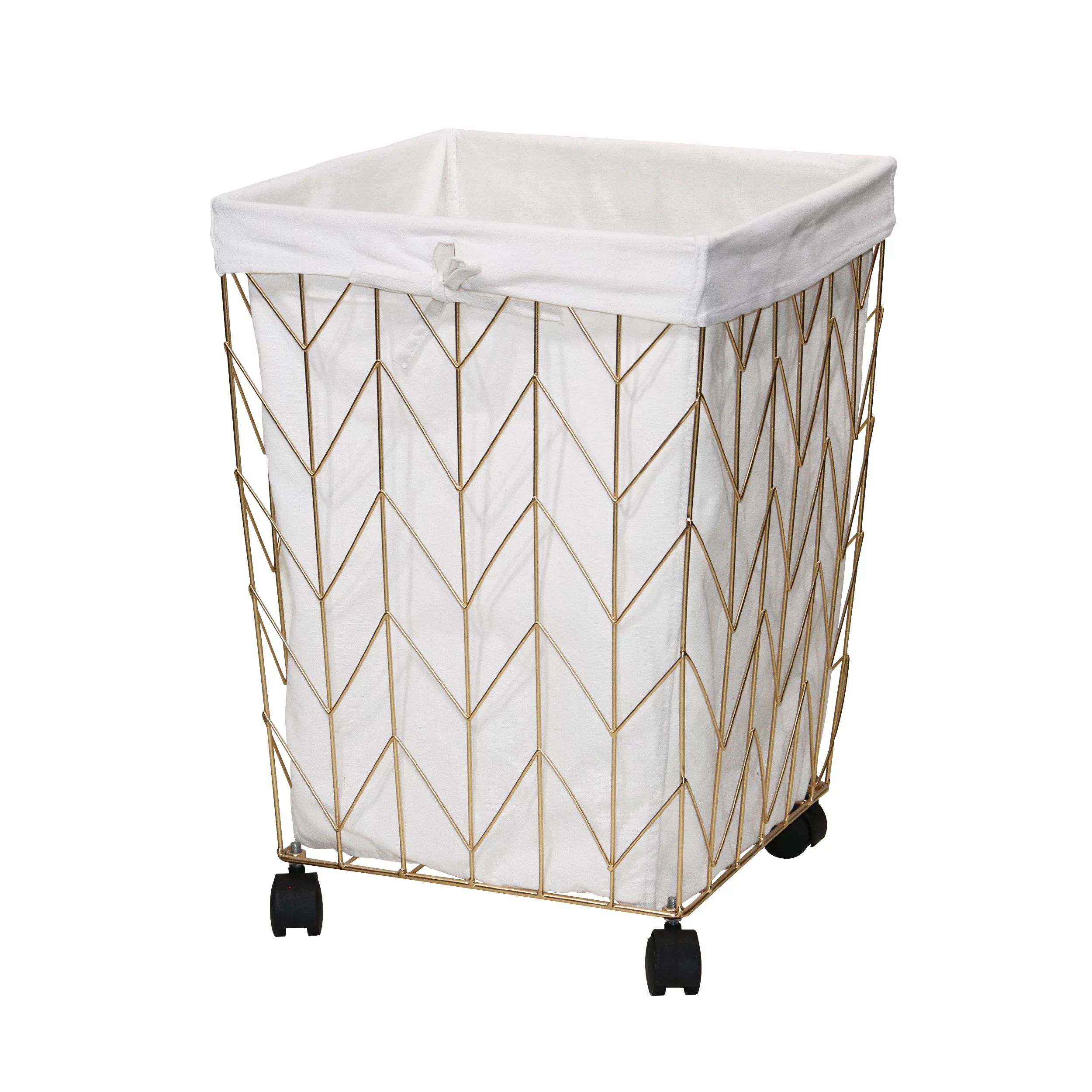 Mainstays Square Chevron Pattern Metal Laundry Hamper with Wheels, Gold & Natural | Walmart (US)