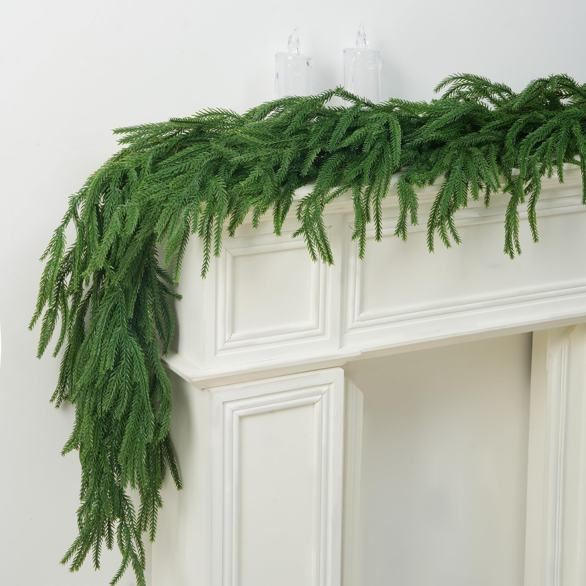 2 PCS-9FT Artificial Norfolk Pine Garlands - Real Touch Winter Pine Garland, Green Artificial Greenery Garland for Table, Mantle, Wall, Indoor, Outdoor Christmas Decorations | Amazon (US)
