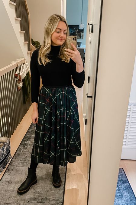 Black turtleneck and pleated plaid midi skirt for the holidays! 🎄 Paired with my waterproof lugsole boots to keep it on the casual side. 

#LTKHoliday #LTKshoecrush #LTKSeasonal