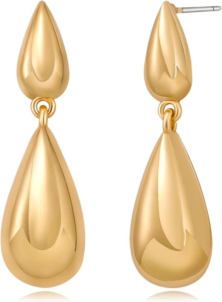 Gold Earrings 14K Gold Plated Waterdrop Earrings Lightweight Polishing Brushed Hammered Droplet D... | Amazon (US)