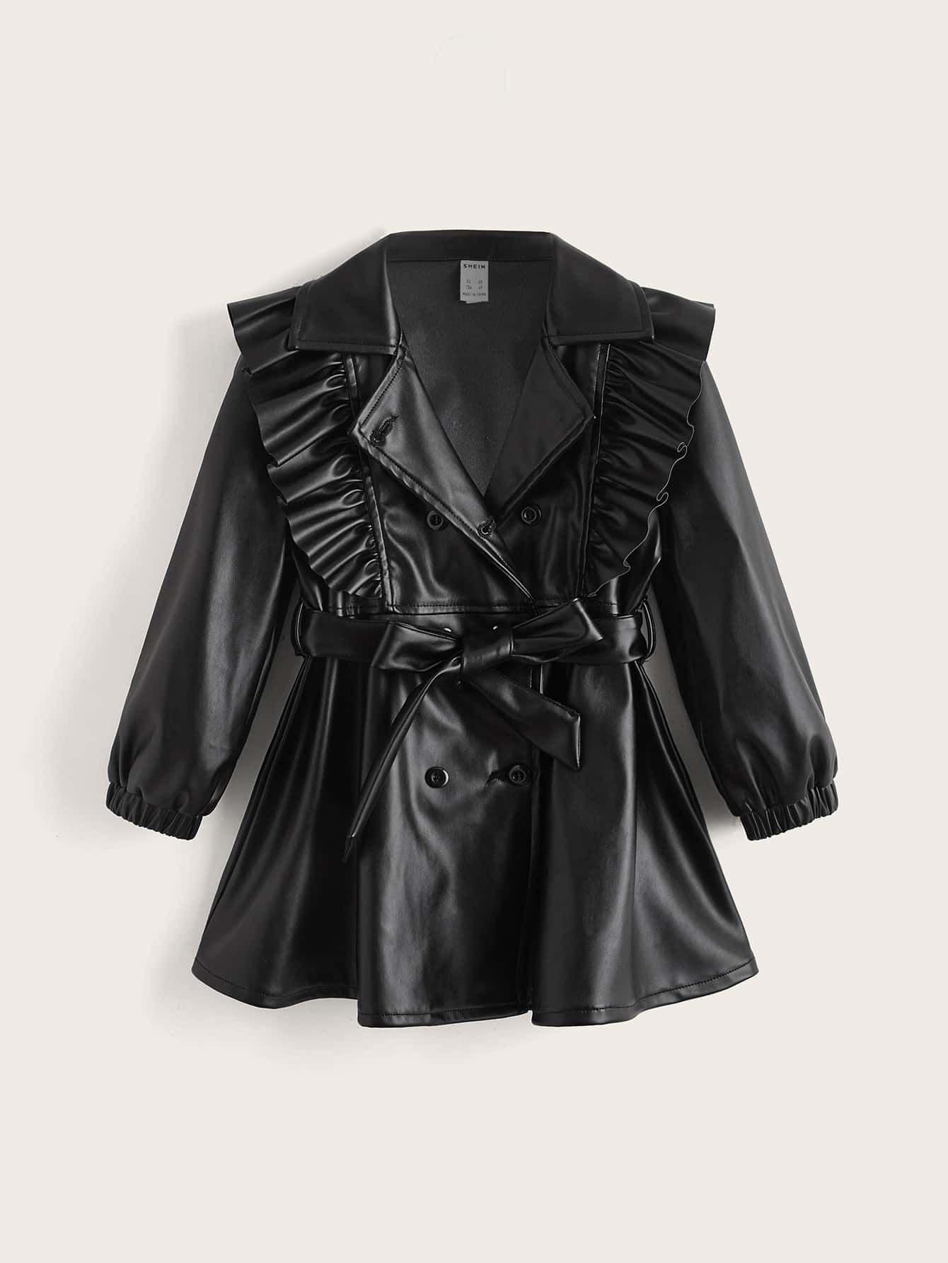 SHEIN Toddler Girls Ruffle Trim Double Breasted Belted PU Leather Coat | SHEIN