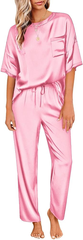 Ekouaer Womens Satin Silky Pajama Set Short Sleeve Shirt with Long Pajama Pant Set Soft PJ Lounge... | Amazon (US)
