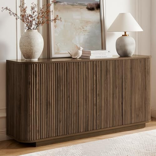 SZTHHDF 64" Sideboard Buffet Cabinet with Storage, Modern Fluted Accent Credenza with Adjustable Shelves, Wood Media Console Coffee Bar Table for Living Room Kitchen Dining Room, 31.5" H, Walnut | Amazon (US)