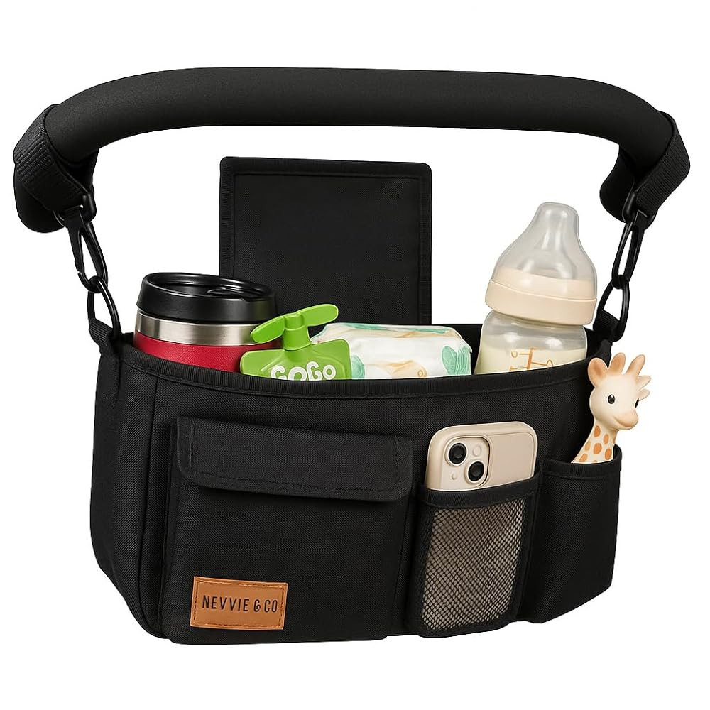 Nevvie & Co Universal Stroller Organizer With Cup Holder | Large Capacity Stroller Caddy | Non-Slip Secure Hooks Accessories | Stroller Attachment | Fits Most Strollers (Black) | Amazon (US)