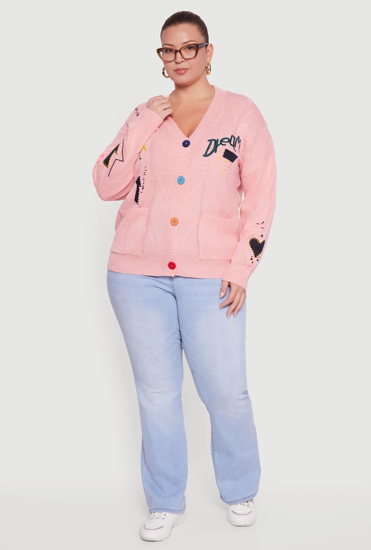 Plus Size Embroidered Patch Button Front Cardigan | Rainbow Shops