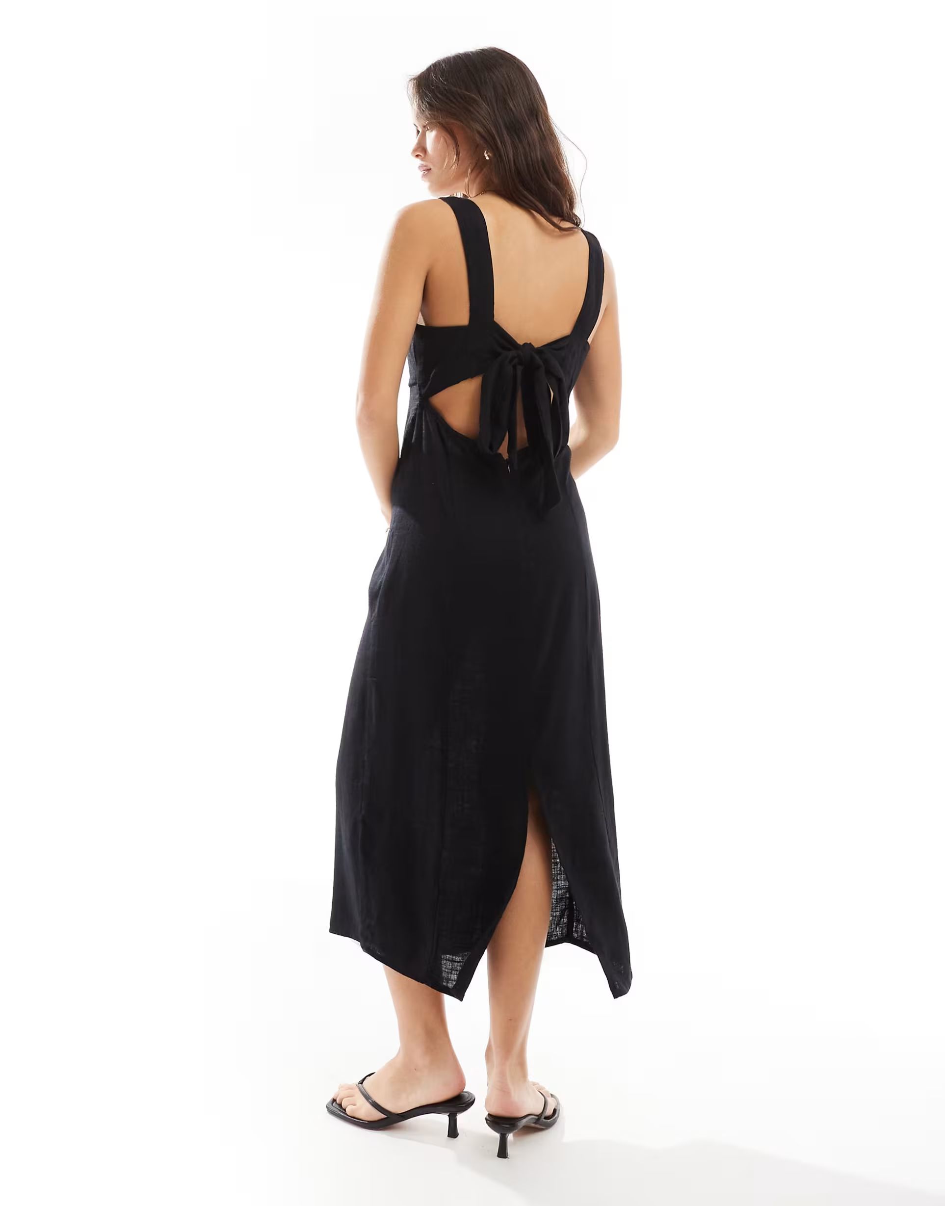 ASOS DESIGN square neck tie back linen midi sundress in black | ASOS (Global)