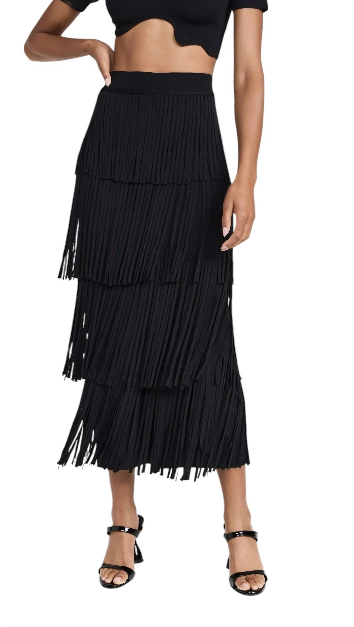 Za Za Knit Fringe Skirt In Black | Shop Simon