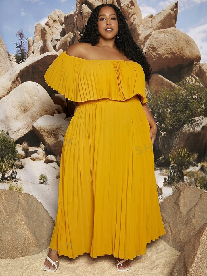 SHEIN CURVE+ Plus Off Shoulder Pleated Dress | SHEIN