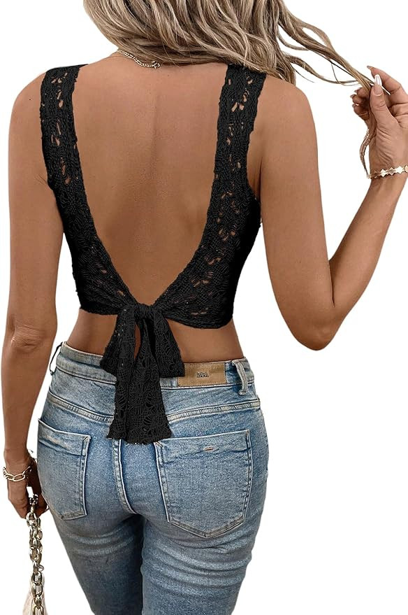 SweatyRocks Women's Country Concert Outfits Tie Backless Lace Crop Top Sexy Going Out Tops Boho W... | Amazon (US)