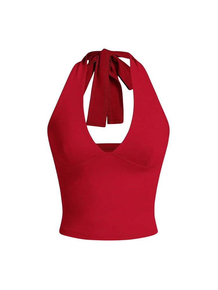 Milumia Women's Y2K Tie Back Halter Crop Top Backless Ribbed Cami Tank Top | Amazon (US)