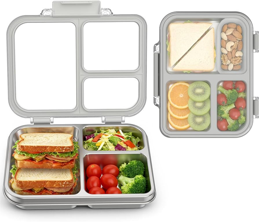 Stainless Steel Bento Box for Kids, 3-Compartment Metal Lunch Box with Clear Lid & Removable Sili... | Amazon (US)