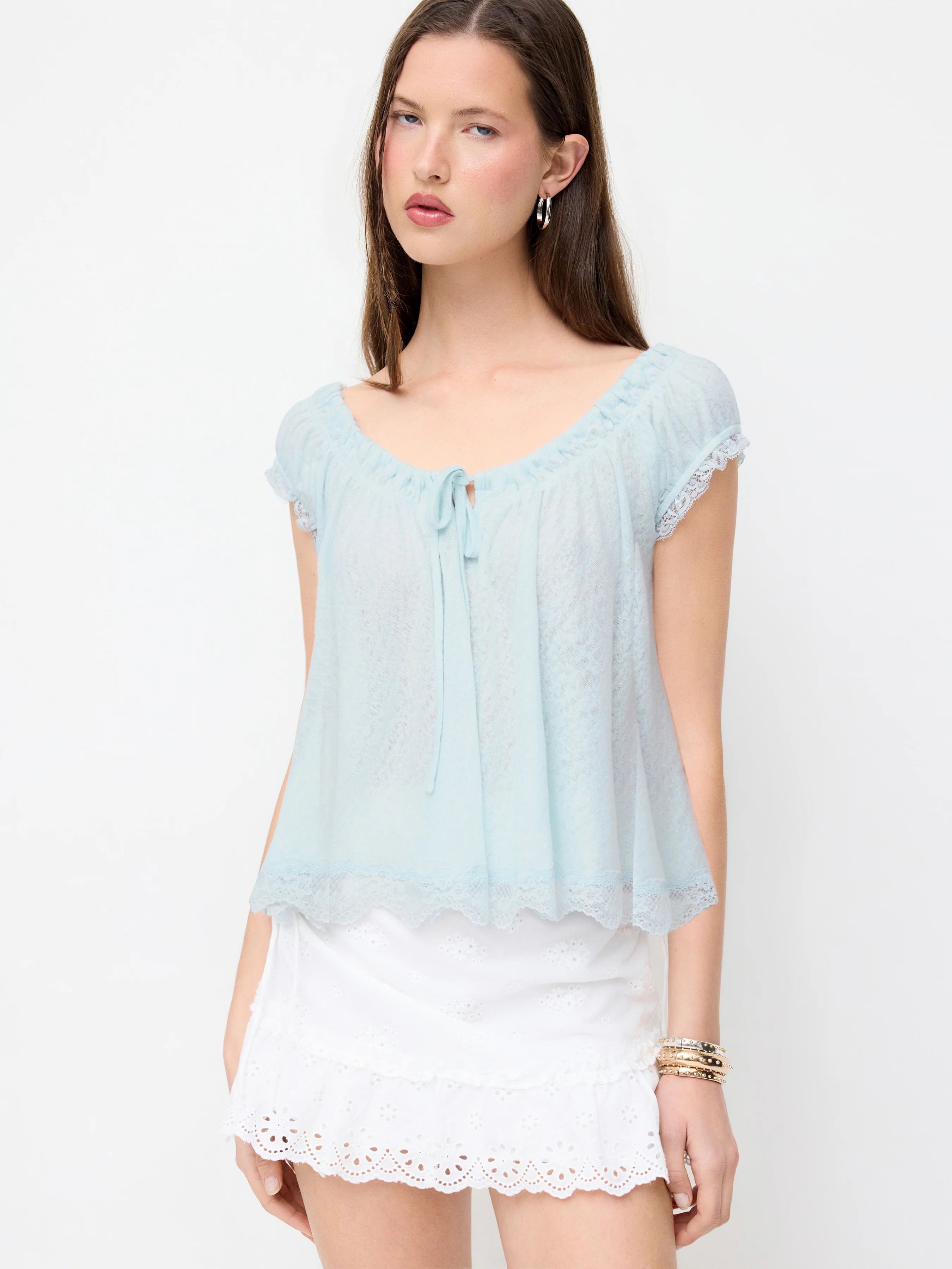 Knit Fabric Textured Scoop Neck Drawstring Lace Trim Oversized Top For Daily Casual | Cider