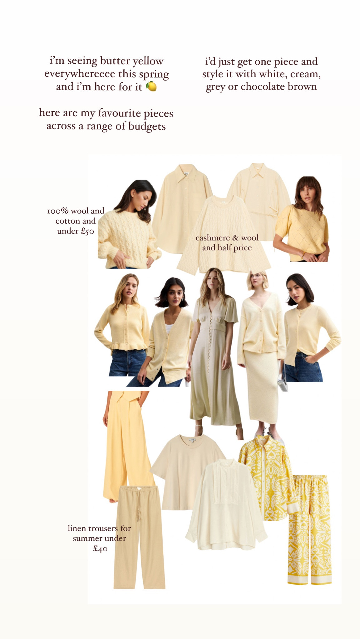 butter yellow, knitwear, wool jumper, pointelle jumper, cotton shirt, blouse, coord set, linen, trousers, satin dress, cardigan, t shirt, h&m, arket, cos, nobody’s child, new look

#LTKfindsunder50 #LTKSeasonal #LTKeurope