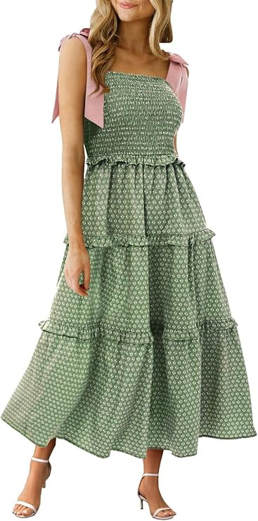 Wenrine Womens Summer Floral Maxi Dress Smocked Tie Shoulder Boho Sleeveless Ruffle Tiered Casual... | Amazon (US)
