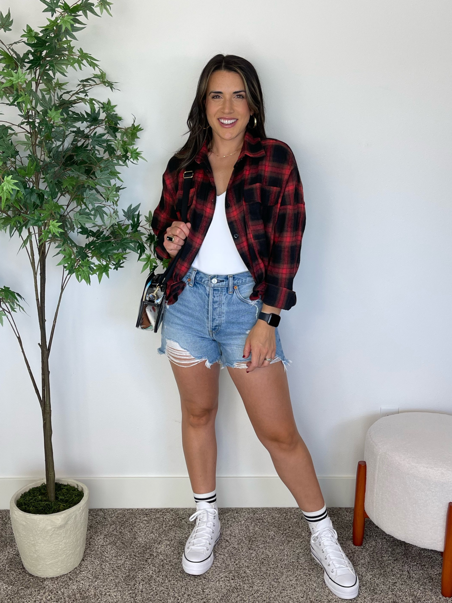 Game day outfit idea | what to wear on game day | football season | college football Saturday | style on game day | coordinate with your team’s colors! | affordable style | Amazon fashion | cut off shorts | converse | bodysuit | plaid button down 

Sized up one in bodysuit 
Oversized fit in button down. Fits well imo. It’s not a flannel. 100% polyester. Not a cozy button down. 
Jean shorts are super old. Linked same brand. 
Size down .5 in sneakers  

#LTKSeasonal #LTKBacktoSchool #LTKstyletip