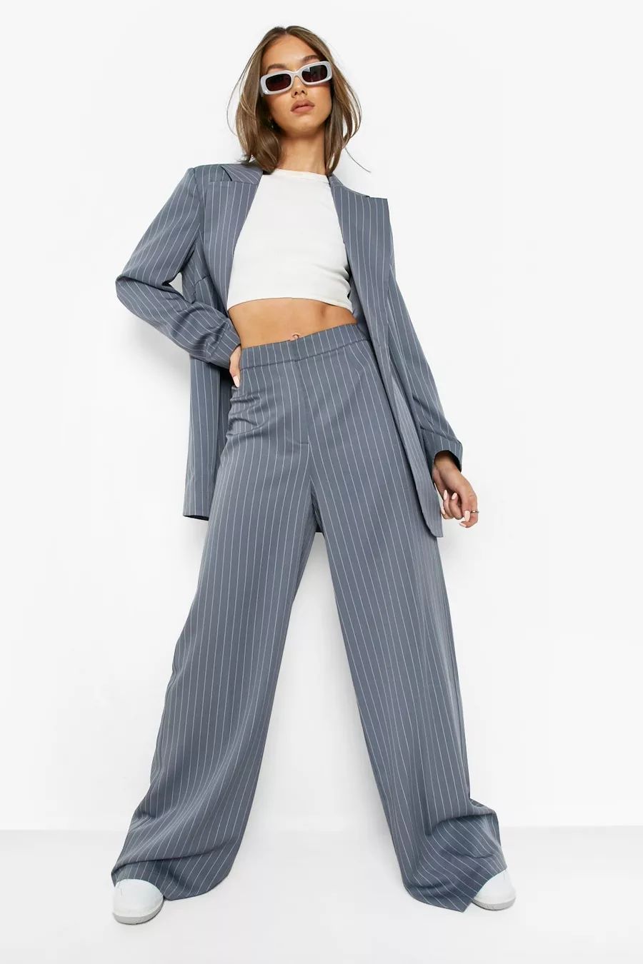 Pinstripe Relaxed Fit Wide Leg Pants | Boohoo.com (US & CA)