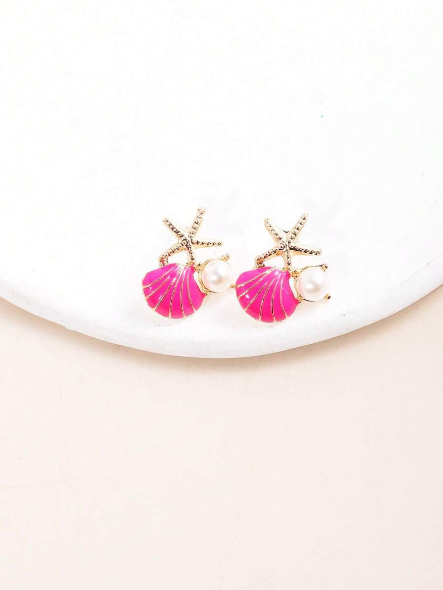 1pair Small Seashell & Faux Pearl Decorated Fashion Earrings, Suitable For Daily Wear | SHEIN