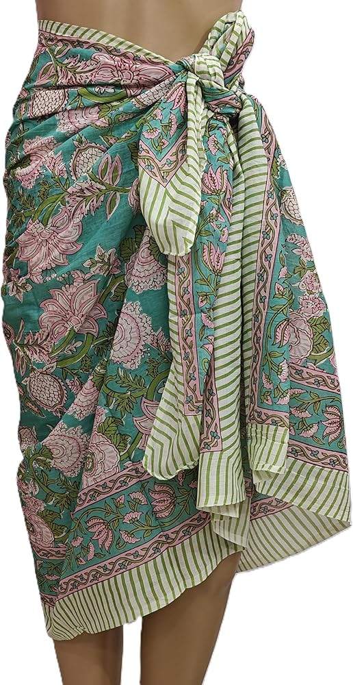 100% Cotton Hand Block Print Pareo Sarong Swimsuit Wrap Skirt Cover Up Long Women’s Apparel Fab... | Amazon (US)