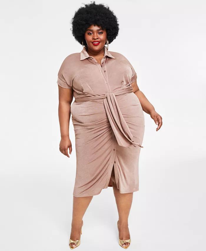 Trendy Plus Size Tie-Front Ruched Shirtdress | Macys (US)