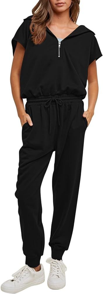 Fixmatti Women's 2024 Summer Casual Zip up Short Sleeve Hoodie Romper Jumpsuit with Pocket | Amazon (US)