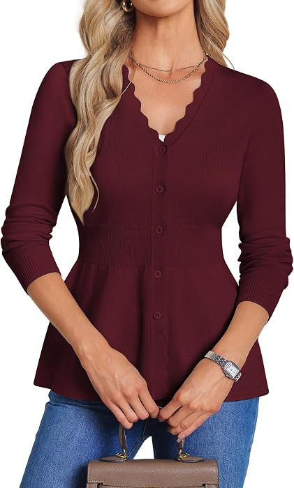 GRACE KARIN Cardigan Sweaters for Women Lightweight, Long Sleeve Knit Blazer, V Neck Scalloped Bu... | Amazon (US)