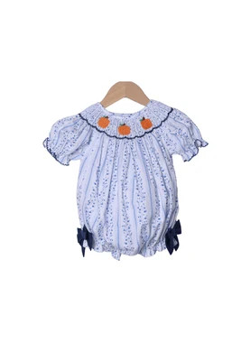 Smocked Pumpkin Blue Floral Bubble | The Smocked Flamingo