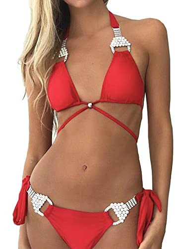 Womens Push Up Bikini Red Crystal Bikini Set Triangle Swimsuit Cheeky Swimwear | Amazon (US)