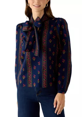 Petite Long Sleeve Bow Print Top | Belk