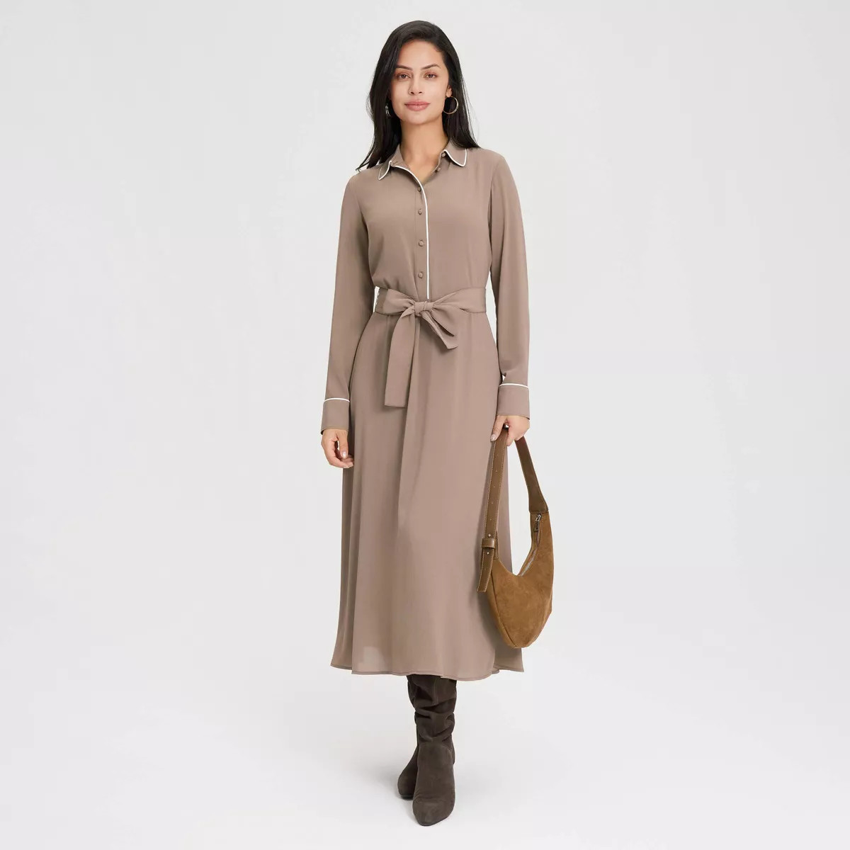 Women's Long Sleeve Midi Shirtdress - A New Day™ Taupe XXL | Target