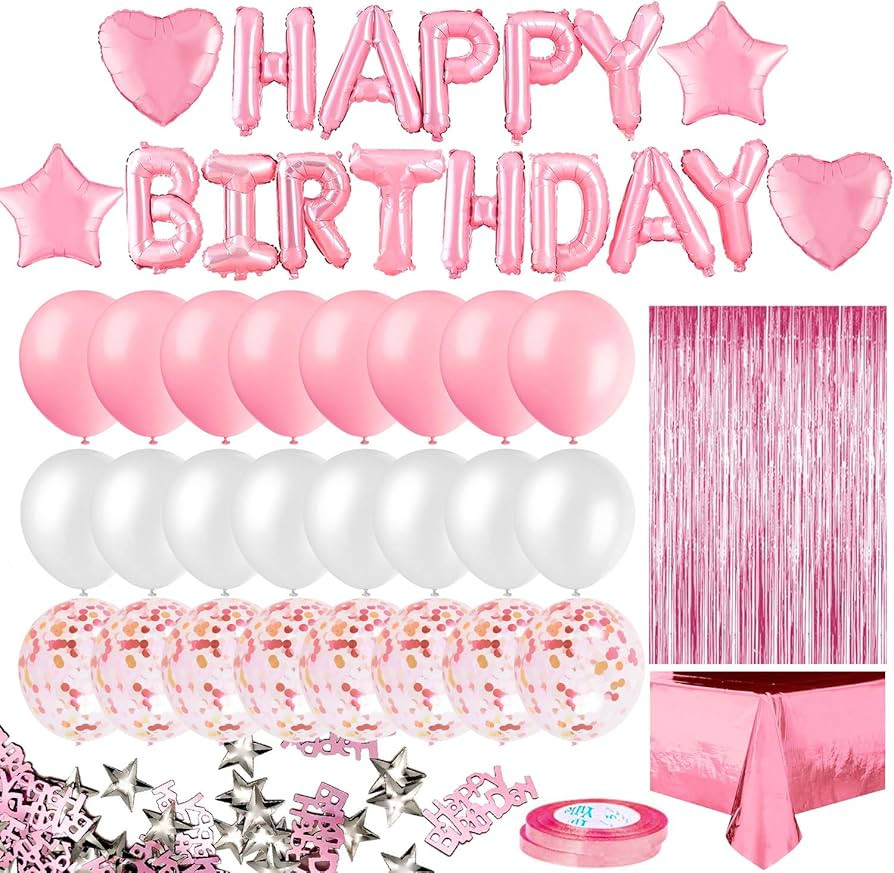 MOVINPE Pink Birthday Party Decoration, Happy Birthday Banner, Rose Gold Fringe Curtain, Foil Tab... | Amazon (US)