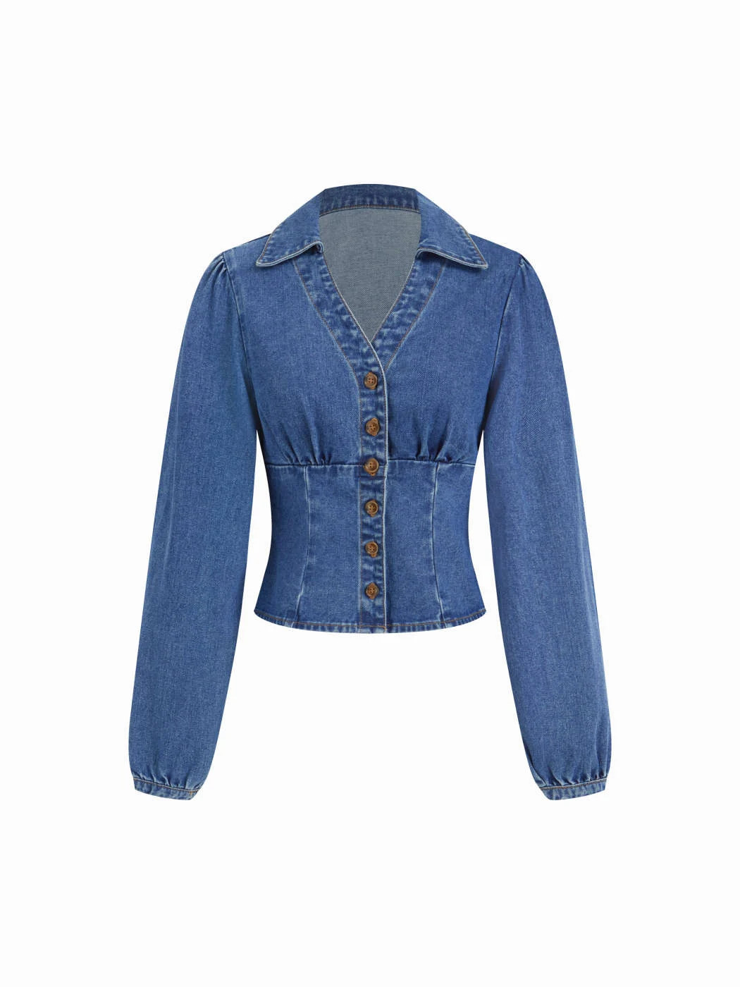 Denim Denim V-neck Cinched Waist Tie Back Blouse For Daily Casual | Cider