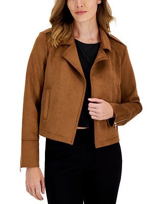 T Tahari Women's Cropped Faux-Suede Moto Jacket - Macy's | Macys (US)