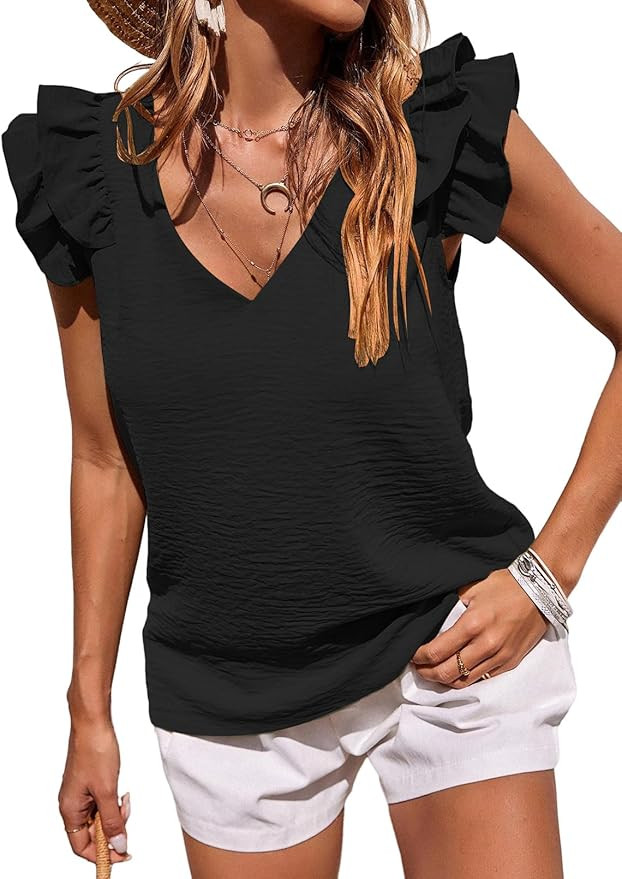 Samefar Summer Tank Top for Women V Neck Casual Loose Flowy Flutter Sleeveless Shirts Blouse     ... | Amazon (US)