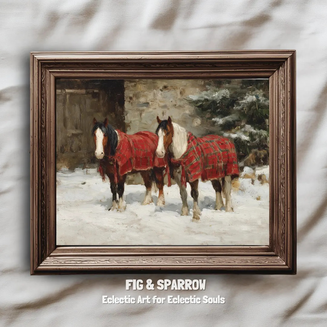 Winter Horses Wall Art | Vintage Farmhouse Christmas Print | Rustic Country Holiday Decor (digita... | Etsy (US)