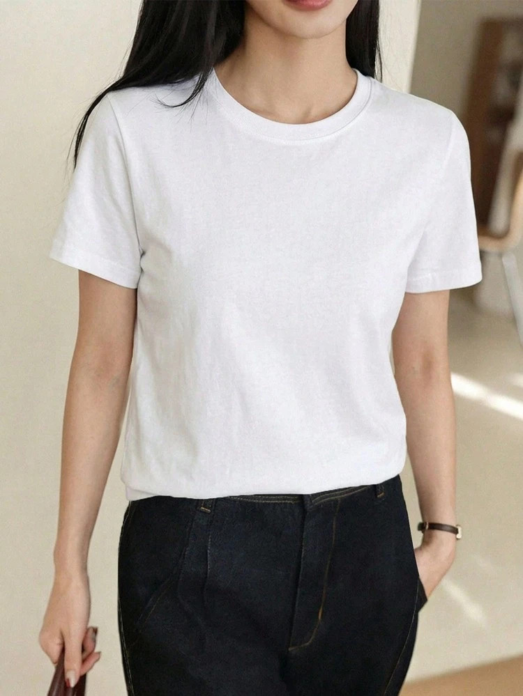 Dazy-Less T-Shirt À Manches Courtes Minimaliste De Couleur Unie, Décontracté Et Pratique Pour Le Quotidien Et Les Trajets, Pour Femmes, Été | SHEIN
