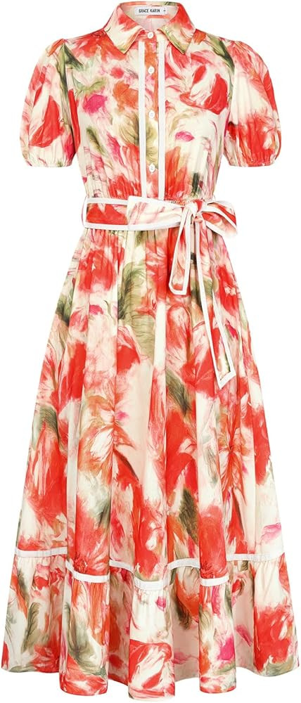 GRACE KARIN Women Summer Floral Maxi Dresses 2026 Wedding Guest Puff Sleeve Shirt Sundresses Boho... | Amazon (US)