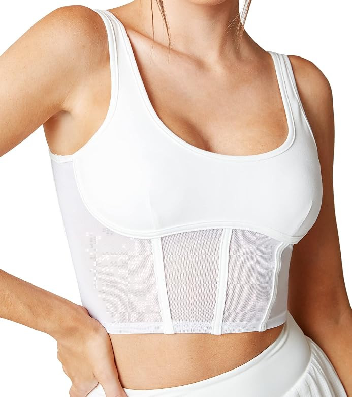 Mustcan Open Back Padded Built-in Sports Bra Longline Mesh Sports Bras Low Back Yoga Fitness Work... | Amazon (US)