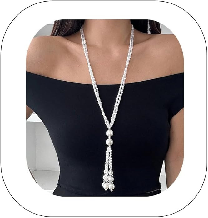 Vintage Pearl Necklace for Women Dainty Long Tassel Chain Faux Pearl Fringe 1920s Costume Jewelry... | Amazon (US)