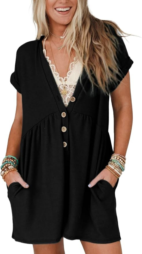 Glamaker Women's Summer Short Sleeve Romper Casual V Neck Wide Leg Short Jumpsuit Button Beach Ro... | Amazon (US)