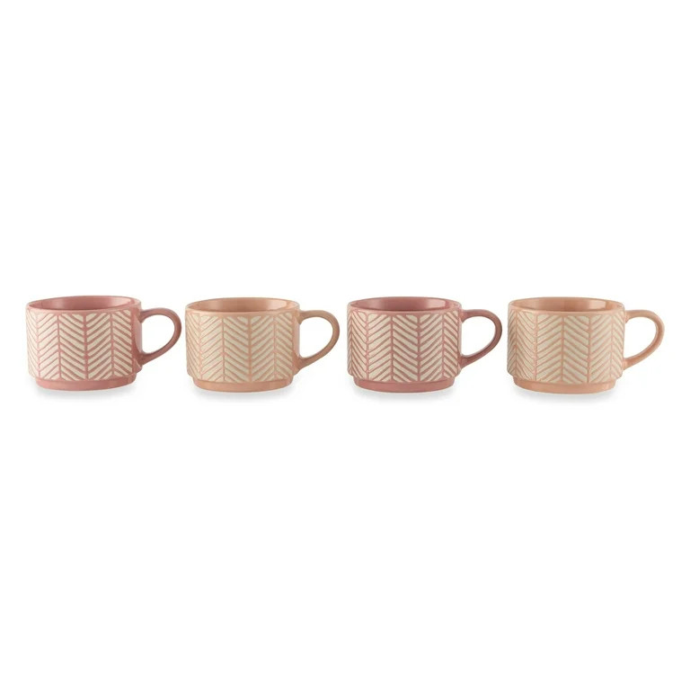 Thyme & Table 4 Pack Stacking Mugs, Pink and White Lines 11.1 fl oz, Stoneware | Walmart (US)