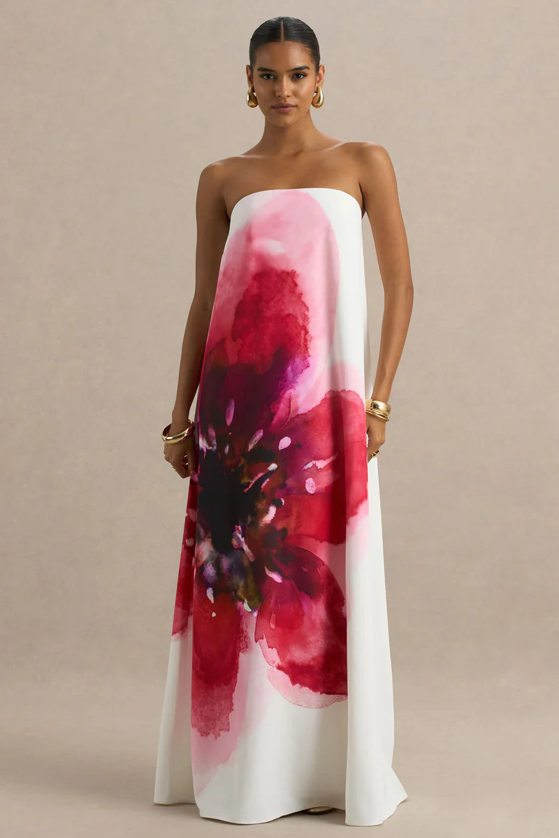 Breonna | Bright Pink Floral Placement Print Bandeau Maxi Dress | Club L London