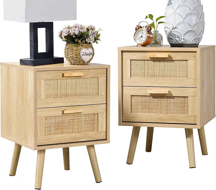 Finnhomy Nightstands Set of 2, Night Stands Set 2 with Hand Made Rattan Decorated Drawers, Nights... | Amazon (US)