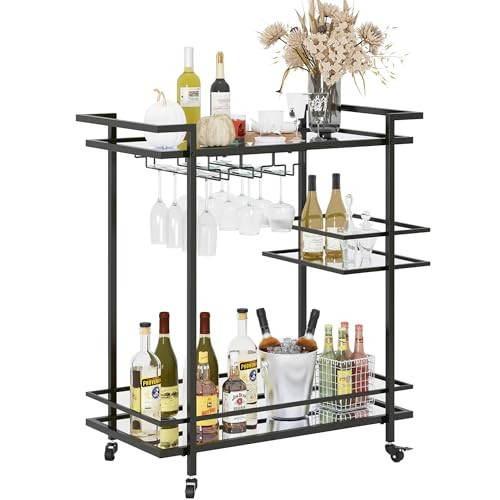 RiteSune Black Bar Carts for The Home Modern, 3 Tier Bar Cart with Wheels and Glass Shelves, Home Serving Bar Cart with for Living Room, Office (28.5" D x 15" W x 32" H) | Amazon (US)