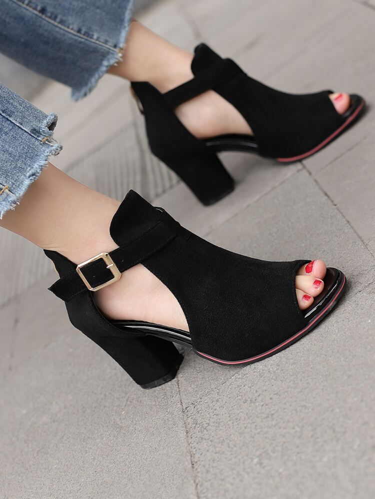 New
     
      Women Cut Out Peep Toe Chunky Heeled Boots, Elegant Black Faux Suede Sandal Boots | SHEIN