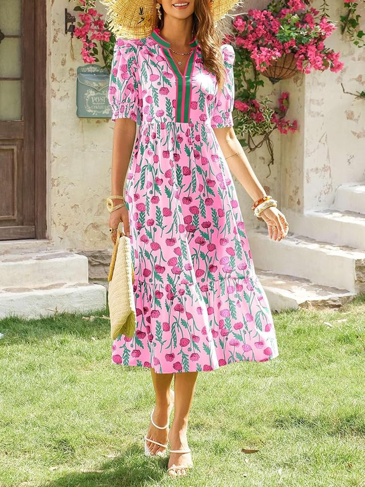 Wenrine Womens Summer Midi Dress Casual Floral Puff Short Sleeve V Neck Swing Flowy Boho Beach Dr... | Amazon (US)