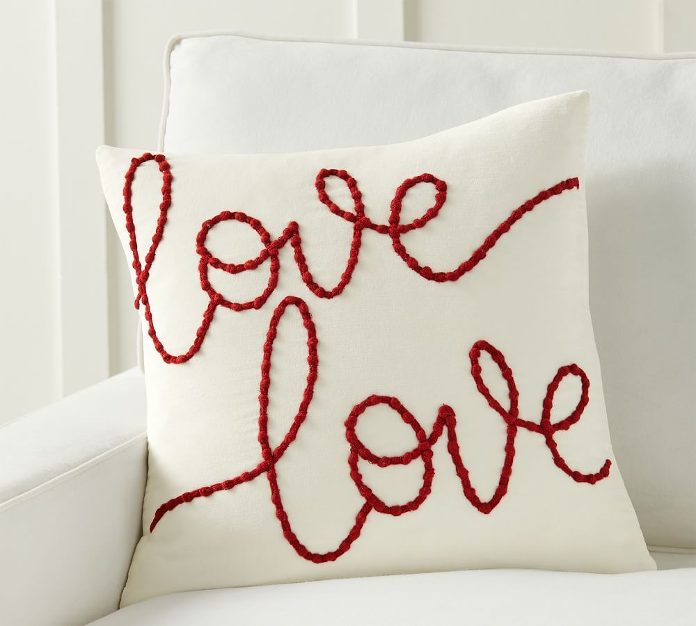 Velvet Love Script Embroidered Pillow, 20", Ivory/Red | Pottery Barn (US)