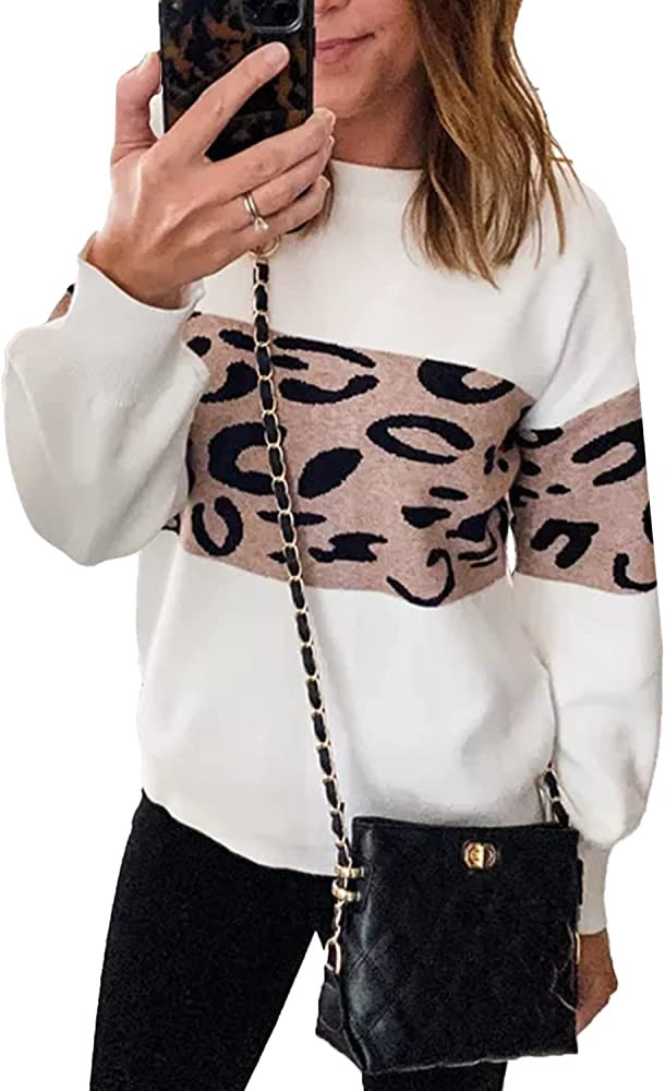 PRETTYGARDEN Women’s Casual Long Sleeve Off Shoulder Knitted Sweater Leopard Print Color Block Loose | Amazon (US)